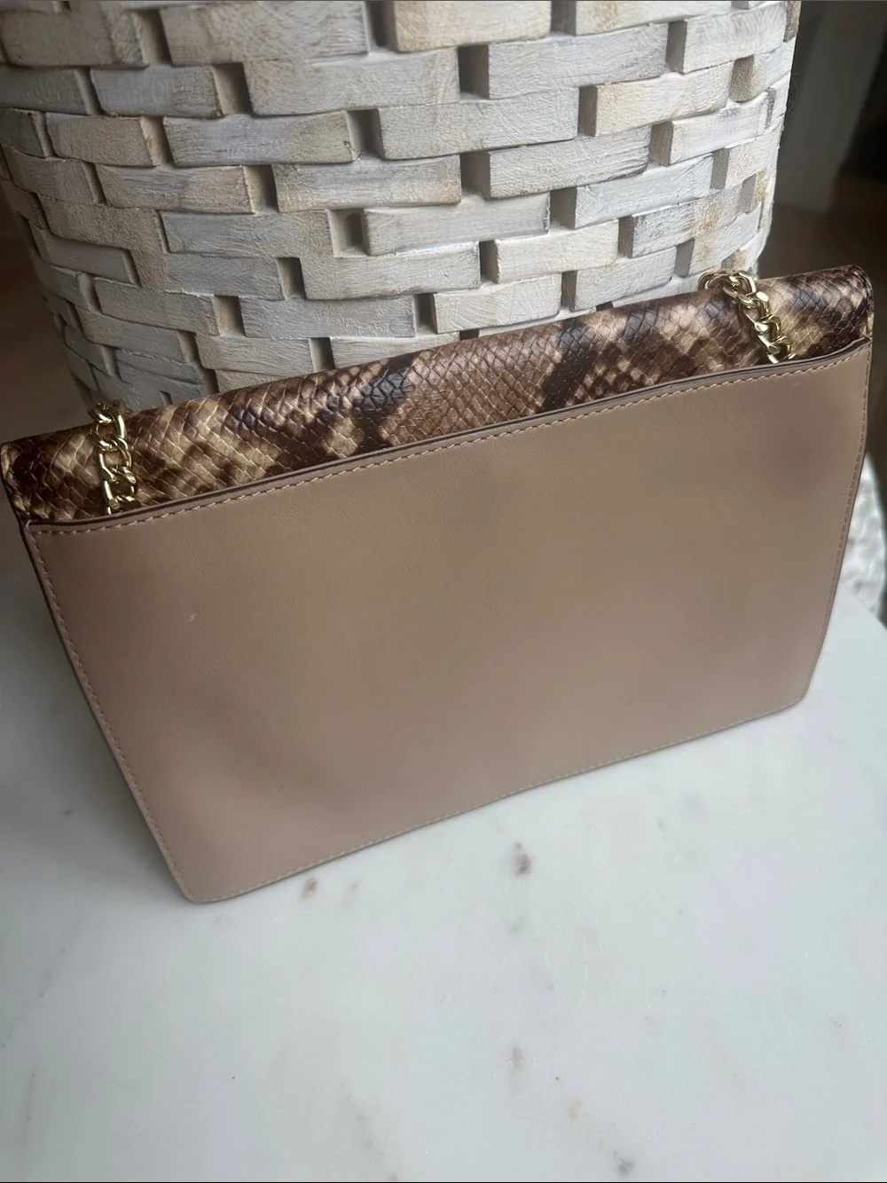 Michael Kors Taupe Leather Clutch with Snake-Print Flap and Gold Chain